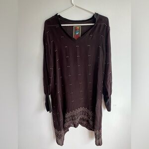 Johnny Was Brown Embroidered Tunic /dress Asymmetrical  top shirt  blouse